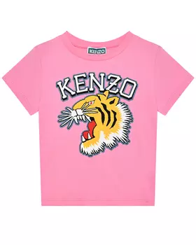 Футболка с принтом "тигр" и лого, розовая KENZO