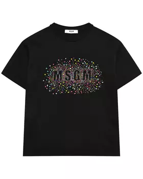 Футболка со стразами на логотипе, черная MSGM