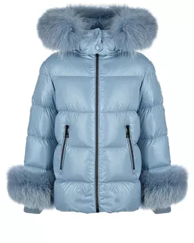 Голубая глянцевая куртка с меховой отделкой Moncler детская
