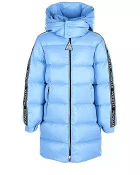 Голубое пальто-пуховик с лампасами Moncler детское