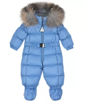 Голубой комбинезон с меховой отделкой Moncler детский