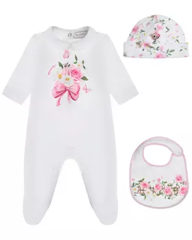 Комплект комбинезон+шапка+слюнявчик, цветочный принт Monnalisa