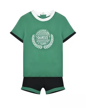 Комплект зеленая футболка с лого+синие шорты Guess