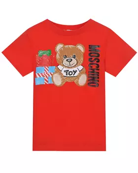 Красная футболка с принтом "медвежонок и подарки" Moschino детская