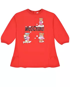 Красное платье с принтом "медвежата" Moschino детское