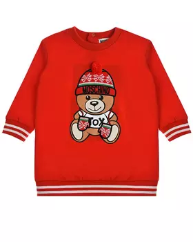 Красное платье с принтом "медвежонок в шапке" Moschino детское