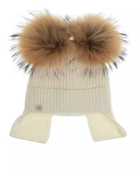 Кремовая шапка из шерсти с меховыми помпонами Joli Bebe детская