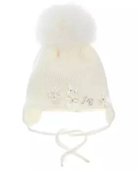 Кремовая шапка с бантами и меховым помпоном Joli Bebe детская