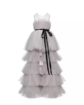 Платье пышное с прозрачным верхом и лентой, серое Sasha Kim