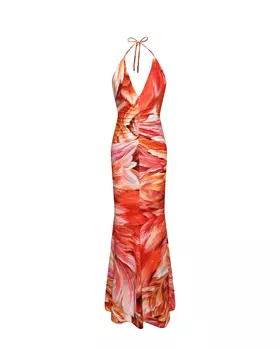 Платье с принтом "перья", красное Roberto Cavalli