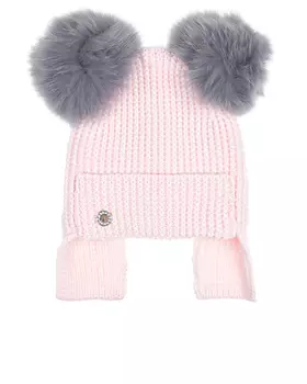 Розовая шапка с двумя серыми меховыми помпонами Joli Bebe детская
