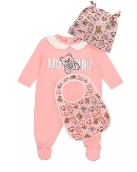 Розовый комплект: комбинезон, шапка, слюнявчик Moschino детский