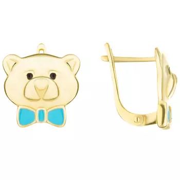 Серьги мишка с голубым бантом, золото Sneak Peek детские