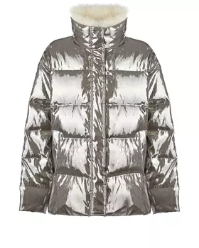 Серая куртка-пуховик с меховой отделкой Yves Salomon детская