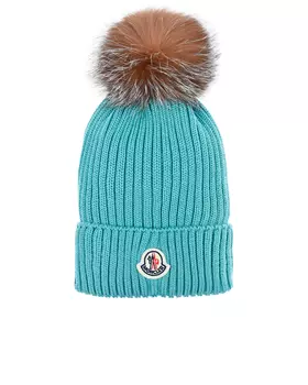 Шапка мятного цвета с меховым помпоном Moncler детская