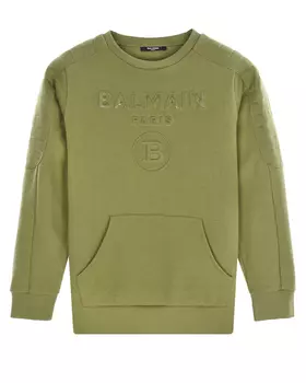 Свитшот цвета хаки с карманом-кенгуру Balmain детский