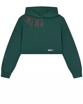 Темно-зеленая толстовка-худи с бахромой из стразов Monnalisa детское