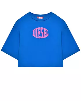 Укороченная футболка с розовым лого, синяя Diesel