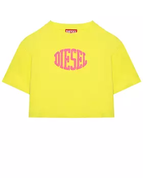 Укороченная футболка с розовым лого, желтая Diesel