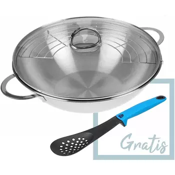 GRWE Вок-сковорода из нержавеющей стали 32 см со стеклянной крышкой и лопаткой GRWE