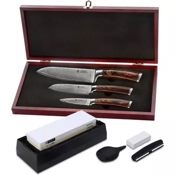 Wakoli Набор из 3 дамасских ножей с рукоятками из дерева пакка и деревянной коробкой Wakoli