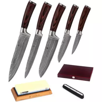 Wakoli Набор из 5 дамасских ножей с деревянной коробкой с заточкой Wakoli