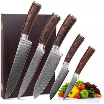 Wakoli Набор из 5 ножей из японской дамасской стали с ручками из дерева пакка Series EDIB Wakoli