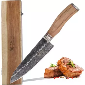 Wakoli Нож из дамасской стали с ручкой из оливкового дерева 17 см 67 слоев Wakoli Olive серии HS