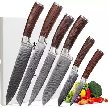 Wakoli Профессиональный набор из 6 кухонных ножей из натуральной японской дамасской стали с деревянными ручками из пакки Wakoli Edib