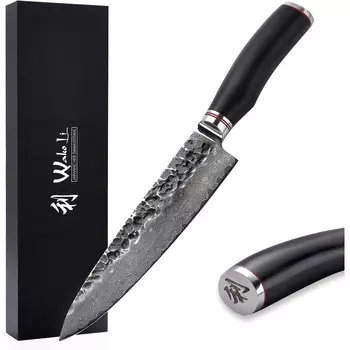 Wakoli Профессиональный нож из натуральной дамасской стали с рукояткой из молота и дерева пакка 20 см Wakoli