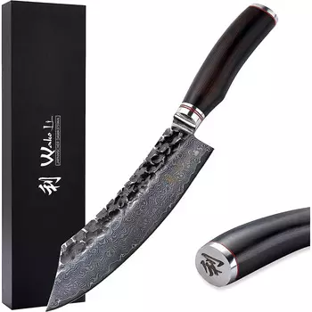 Wakoli Профессиональный нож из натуральной дамасской стали с рукояткой из молота и натурального дерева 20 см Wakoli