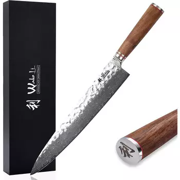 Wakoli Профессиональный нож из натуральной дамасской стали с рукояткой из орехового дерева 25 см 67 слоев Wakoli