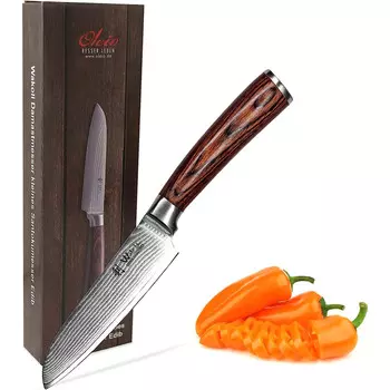 Wakoli Профессиональный нож сантоку из дамасской стали с ручкой из дерева пакка 12 см Wakoli