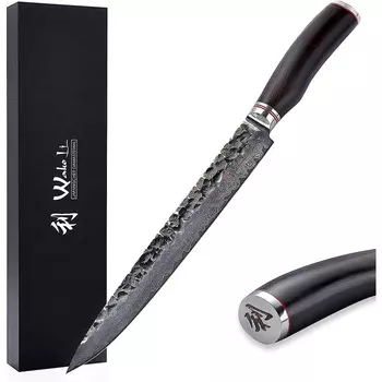 Wakoli Профессиональный поварской нож для мяса из настоящей дамасской стали с рукояткой из дерева пакка 25 см Wakoli Ebo