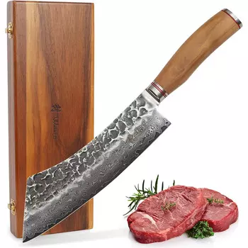 Wakoli Профессиональный поварской нож из настоящей японской дамасской стали с рукояткой из оливкового дерева 22,5 см Wakoli HS Series Hakata Bocho