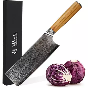 Wakoli Профессиональный поварской нож из настоящей японской дамасской стали с рукояткой из оливкового дерева 18 см Wakoli Oribu Nakiri