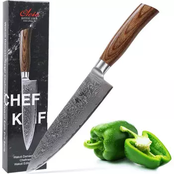 Wakoli Профессиональный поварской нож из настоящей дамасской стали с рукояткой из дерева пакка 19,5 см Wakoli EDIB Pro
