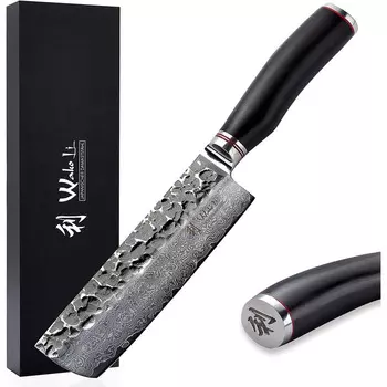 Wakoli Профессиональный поварской нож из натуральной дамасской стали с рукояткой из молота и дерева пака 16,5 см Wakoli