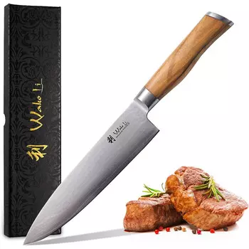 Wakoli Высококачественный профессиональный нож с ручкой из оливкового дерева с дамасским лезвием Wakoli