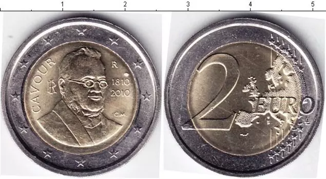 Монета 2 евро Италии 2010 года Биметалл 200- лет со дня рождения Камилло Кавура