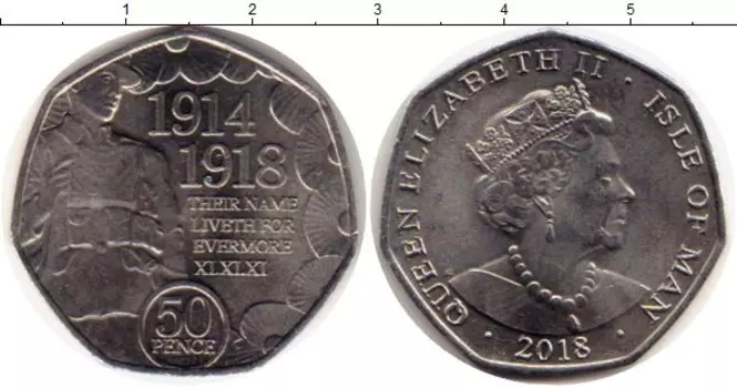 Монета 50 пенсов Острова Мэн 2018 года Медно-никель Елизавета II, 100 лет окончания Первой Мировой Войны