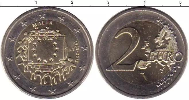Монета 2 евро Мальты 2015 года Биметалл 30 лет флагу