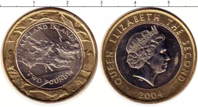 Монета 2 фунта Фолклендских островов 2004 года Биметалл 30 лет Чеканки монет островов