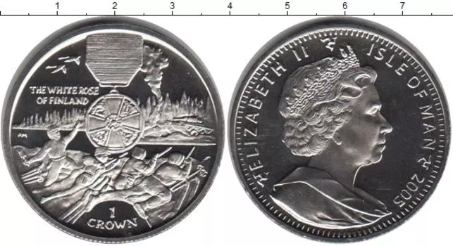Монета крона Острова Мэн 2005 года Медно-никель Белая Роза Финляндии