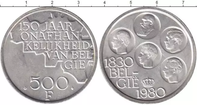 Монета 500 франков Бельгии 1980 года Посеребрение Пять портретов королей