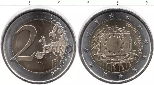 Монета 2 евро Испании 2015 года Биметалл Флаг ЕС