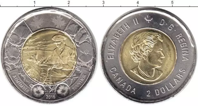 Монета 2 доллара Канады 2015 года Биметалл Надпись "Помнить" на английском ("Remember") и французском ("Souvenir")
