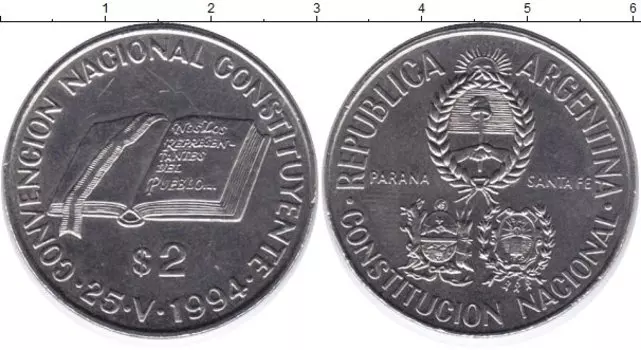 Монета 2 песо Аргентины 1994 года Медно-никель Национальная конституция - Парана и Санта-Фе