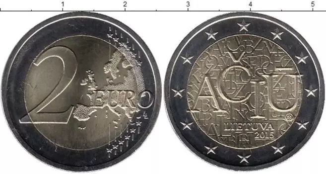Монета 2 евро Литвы 2015 года Биметалл Литовский язык