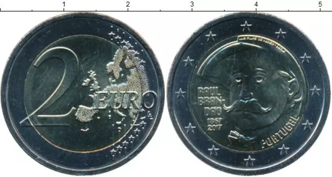 Монета 2 евро Португалии 2017 года Биметалл 150 лет со дня рождения писателя Раула Брандана